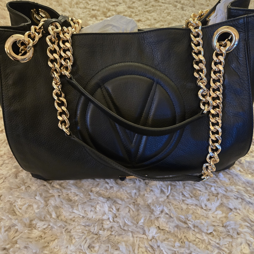 NWT Valentino By Mario Valentino Verra Black Leather Shoulder Bag with Gold Acc.